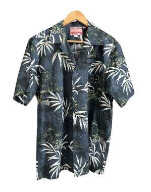 RJC NWOT Men's Large Blue Bamboo Island Tropical Palm Tree Hawaiian Aloha Shirt